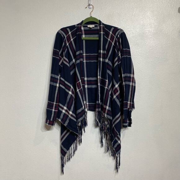 Charming Charlie Blue Plaid Fringe Long Sleeve Open Front Blouse Sz L - Picture 2 of 12